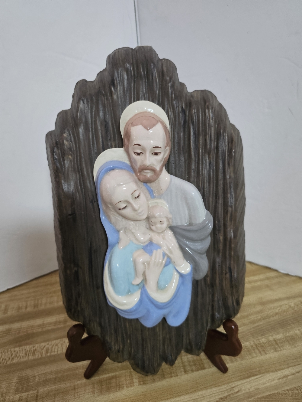 Vintage Erika Zavoy Holy Family Ceramic Wall Plaque Joseph Mary Jesus w/ Stand